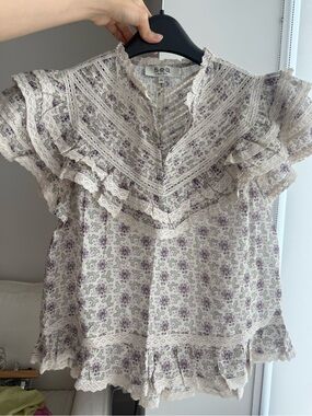 Sea New York Cream Blouse with Lavender Floral Print and Lace Ruffles